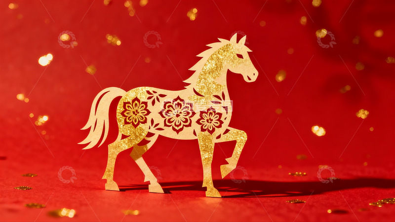 高清大图下载【趣麦麦图】红色背景上的金色剪纸马
