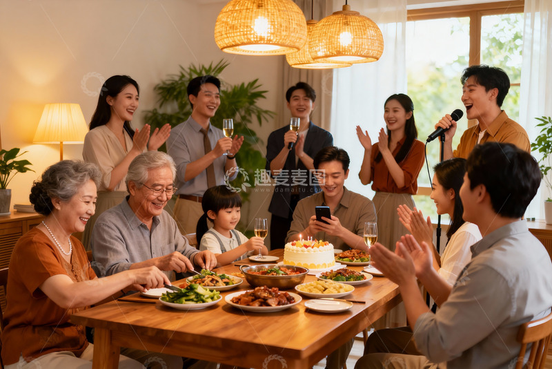 高清大图下载【趣麦麦图】家庭聚餐欢庆生日温馨场景