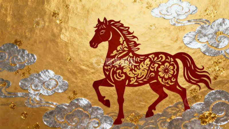 高清大图下载【趣麦麦图】金色背景上的红色马剪纸艺术