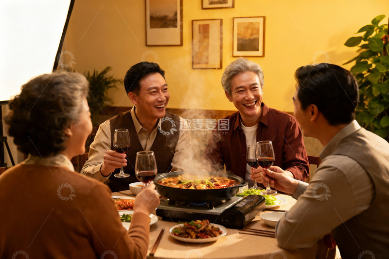 高清大图下载【趣麦麦图】四人围坐火锅聚餐欢笑