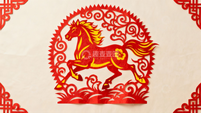 高清大图下载【趣麦麦图】红色剪纸马图案艺术作品