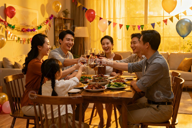 高清大图下载【趣麦麦图】温馨家庭聚餐举杯欢庆
