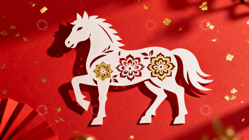 高清大图下载【趣麦麦图】红色背景上的剪纸马艺术作品