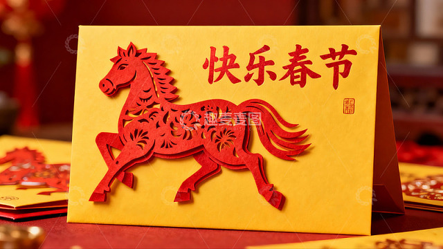 春节贺卡上的红色剪纸马