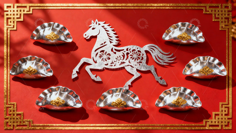 高清大图下载【趣麦麦图】红色背景上的剪纸马与饺子