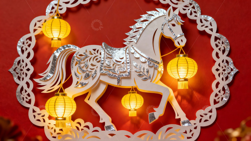 高清大图下载【趣麦麦图】红色背景上的纸雕马与灯笼装饰