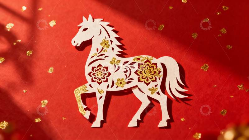 高清大图下载【趣麦麦图】红色背景上的金色剪纸马