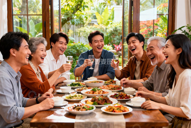 高清大图下载【趣麦麦图】家庭聚餐欢笑共享美食