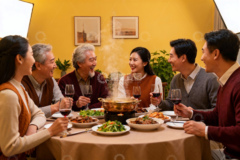 高清大图下载【趣麦麦图】家人围坐餐桌共享美食欢聚