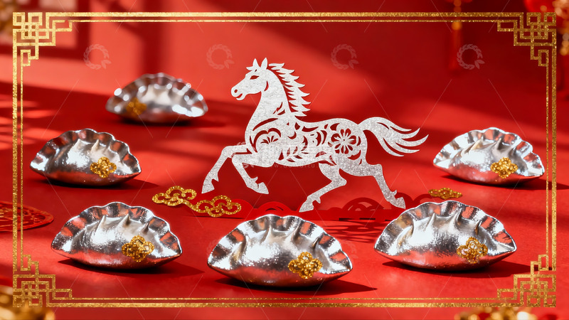 高清大图下载【趣麦麦图】红色背景上的银色饺子与马形剪纸