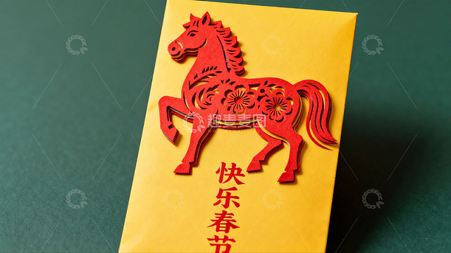 春节红包上的红色马剪纸