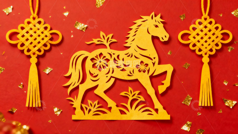 高清大图下载【趣麦麦图】红色背景上的金色剪纸马