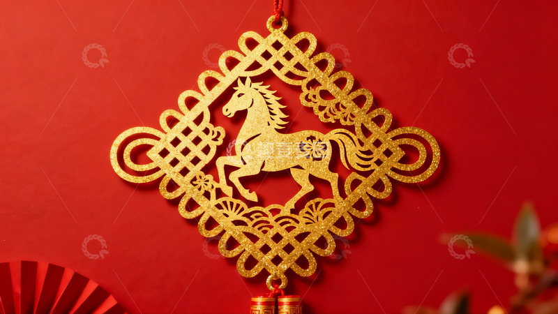 高清大图下载【趣麦麦图】红色背景上的金色马形剪纸挂饰