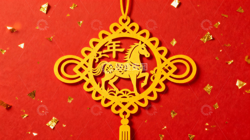 高清大图下载【趣麦麦图】红色背景上的金色剪纸挂饰
