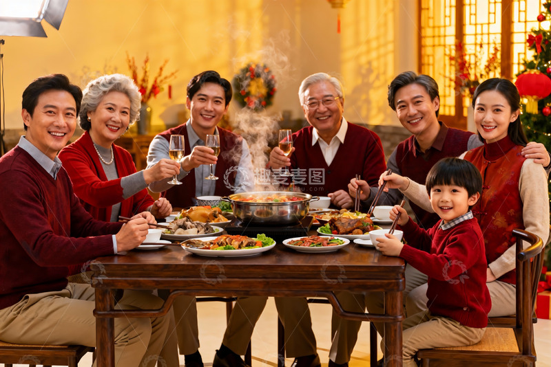 高清大图下载【趣麦麦图】三代同堂围坐餐桌共进团圆饭