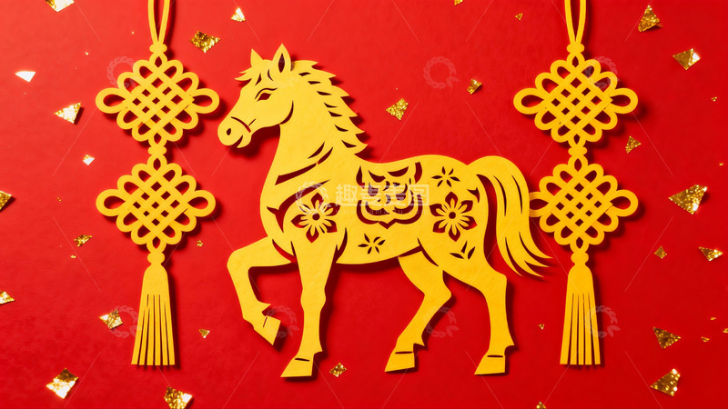 高清大图下载【趣麦麦图】红色背景上的金色剪纸马