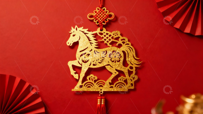 高清大图下载【趣麦麦图】红色背景上的金色马形剪纸挂饰