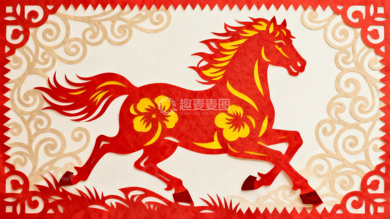 高清大图下载【趣麦麦图】红色剪纸骏马迎春图案