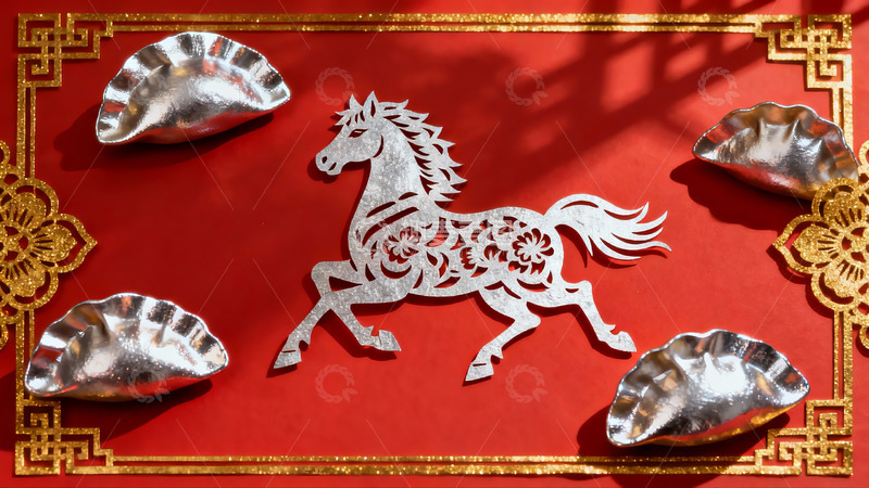 高清大图下载【趣麦麦图】红色背景上的剪纸马与银碗