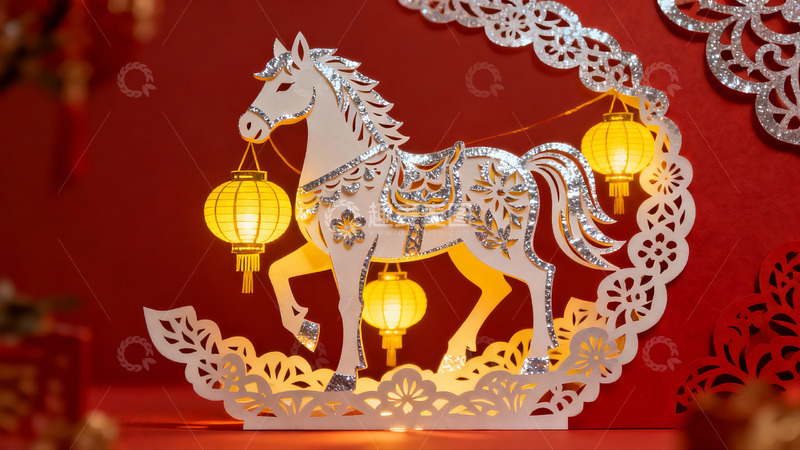 高清大图下载【趣麦麦图】红色背景下的纸雕马灯装饰