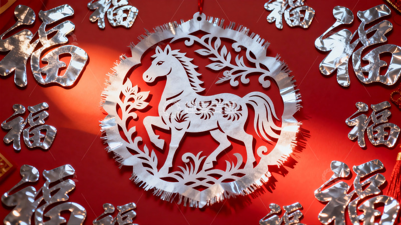 高清大图下载【趣麦麦图】红色背景上的马形剪纸装饰