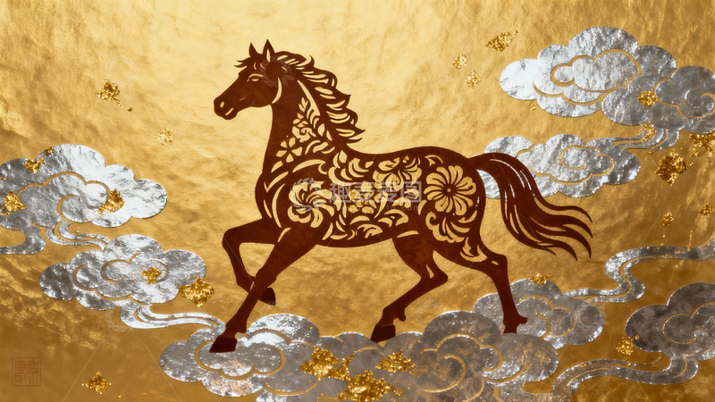 高清大图下载【趣麦麦图】金色背景上的花纹骏马图案