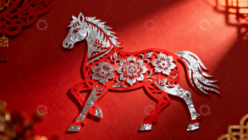 高清大图下载【趣麦麦图】红色背景上的银色剪纸马