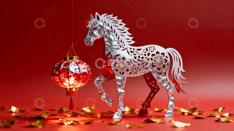 高清大图下载【趣麦麦图】红色背景下的剪纸马与红灯笼