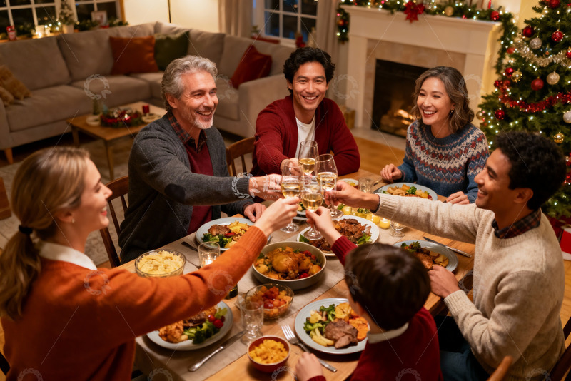 高清大图下载【趣麦麦图】圣诞家庭聚餐举杯欢庆