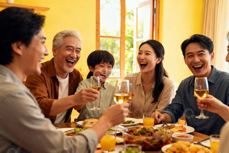 高清大图下载【趣麦麦图】家庭聚餐欢笑举杯温馨时刻