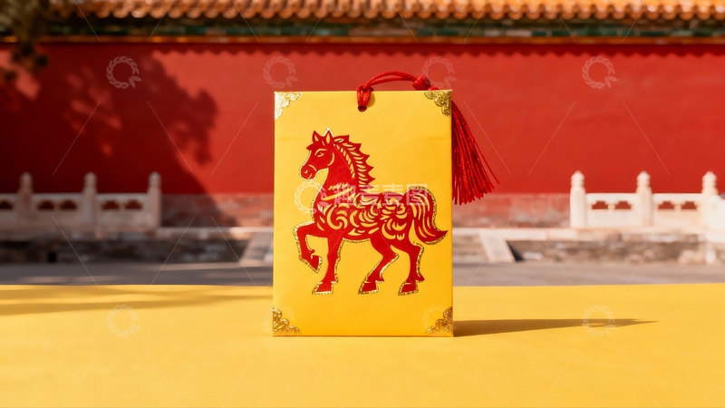 高清大图下载【趣麦麦图】黄色礼盒配红色马纹装饰