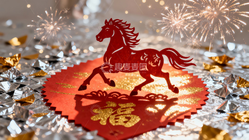 高清大图下载【趣麦麦图】春节剪纸马与烟花装饰