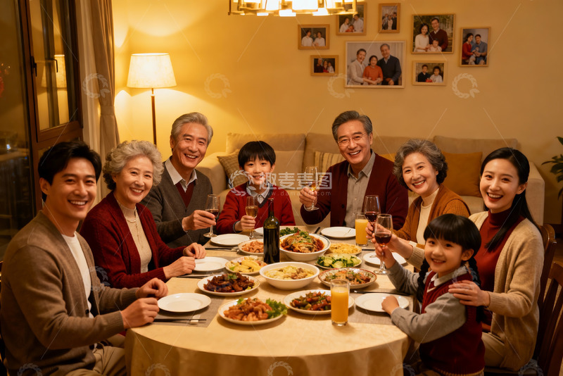 高清大图下载【趣麦麦图】三代同堂家庭聚餐温馨场景