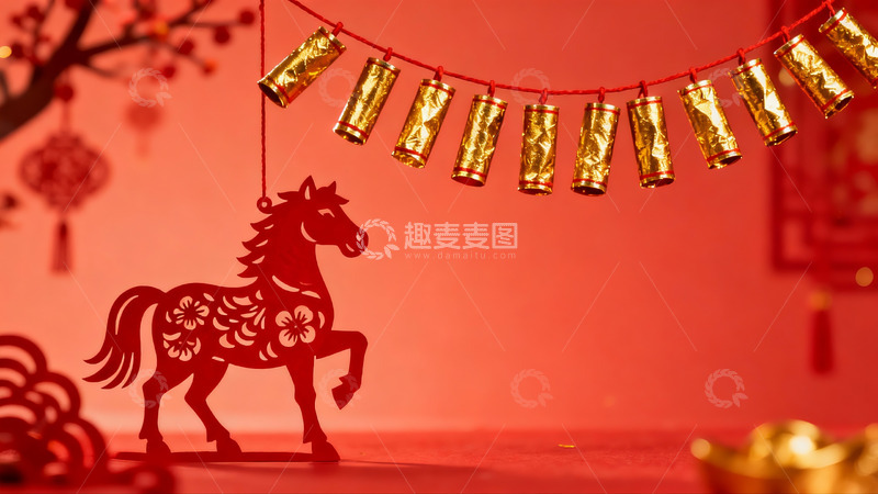 高清大图下载【趣麦麦图】红色背景下的剪纸马与挂饰
