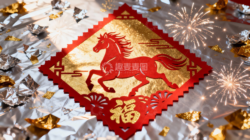 高清大图下载【趣麦麦图】春节剪纸艺术与烟花装饰
