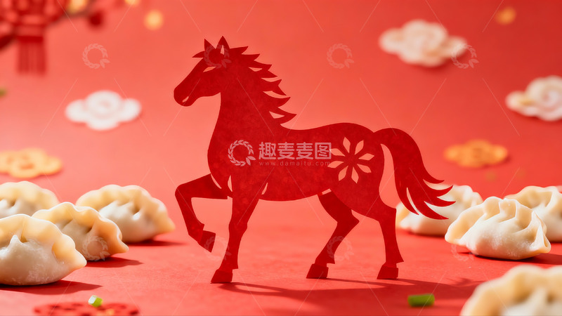 高清大图下载【趣麦麦图】红色剪纸马与饺子新年装饰