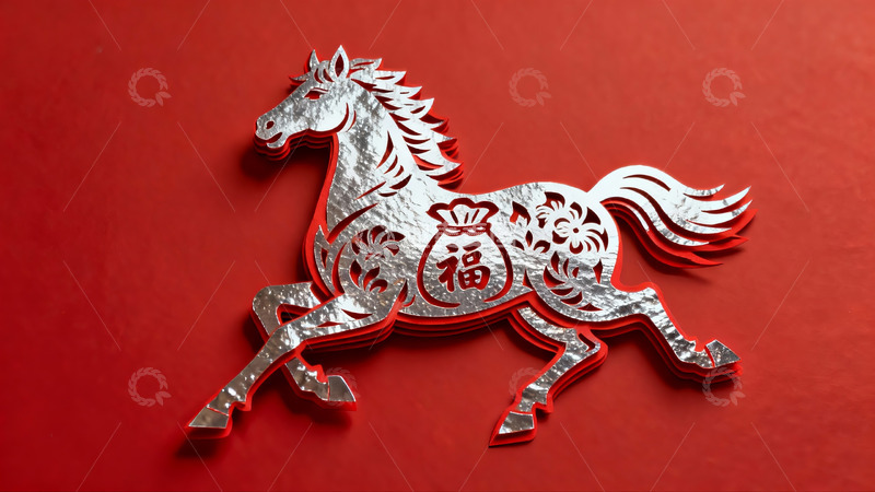 高清大图下载【趣麦麦图】红色背景上的银色剪纸马
