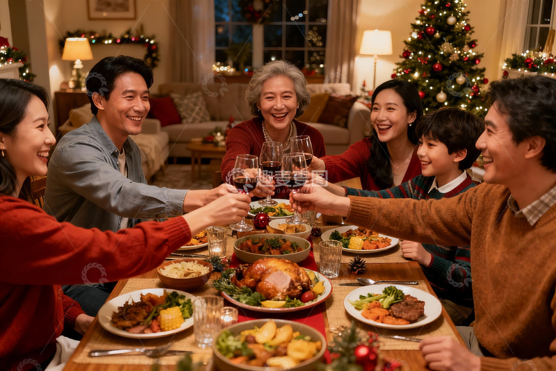 高清大图下载【趣麦麦图】圣诞家庭聚餐举杯欢庆