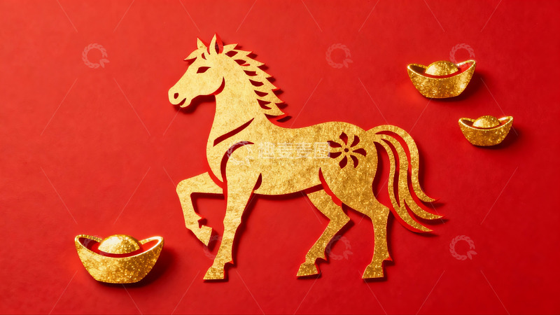 高清大图下载【趣麦麦图】红色背景金色马剪纸图案