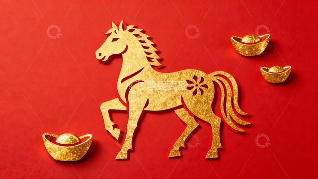 红色背景金色马剪纸图案