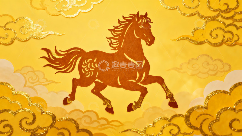 高清大图下载【趣麦麦图】金色云间骏马剪纸艺术