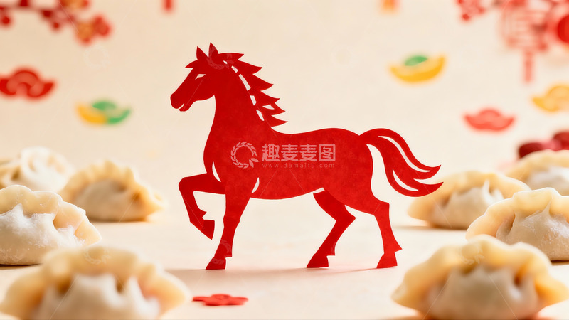 高清大图下载【趣麦麦图】剪纸马与饺子的节日装饰