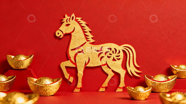 金色剪纸马与元宝新年装饰