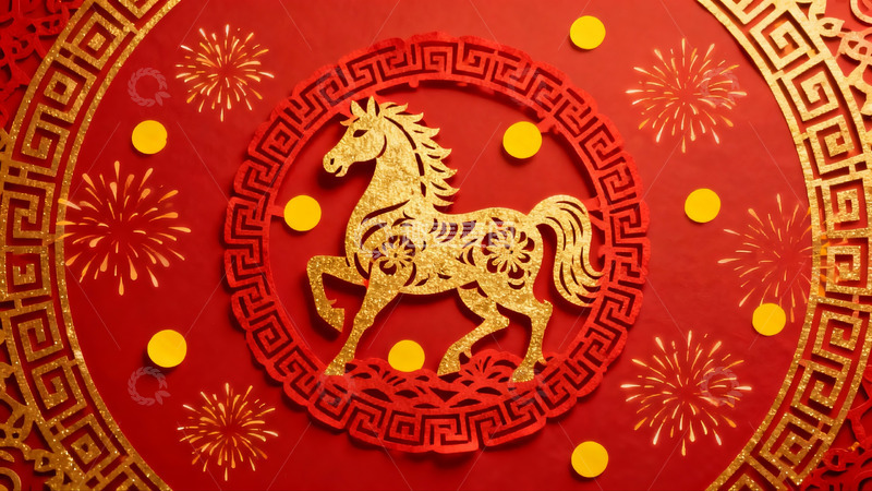 高清大图下载【趣麦麦图】红色背景金色剪纸马图案