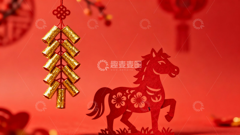 高清大图下载【趣麦麦图】红色背景下的剪纸马与挂饰