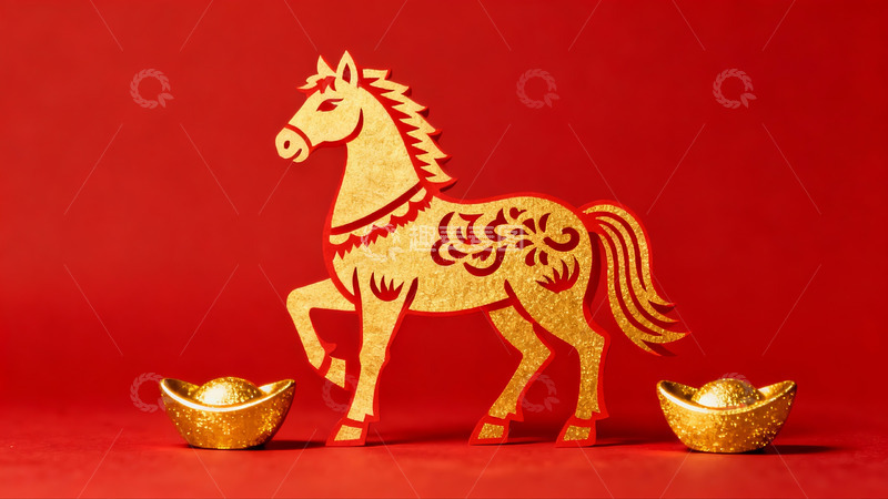 高清大图下载【趣麦麦图】红色背景上的金色马剪纸与元宝