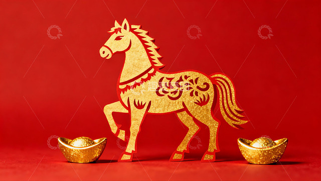 红色背景上的金色马剪纸与元宝