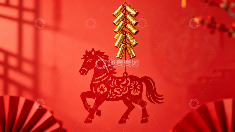 高清大图下载【趣麦麦图】红色剪纸马与金色挂饰