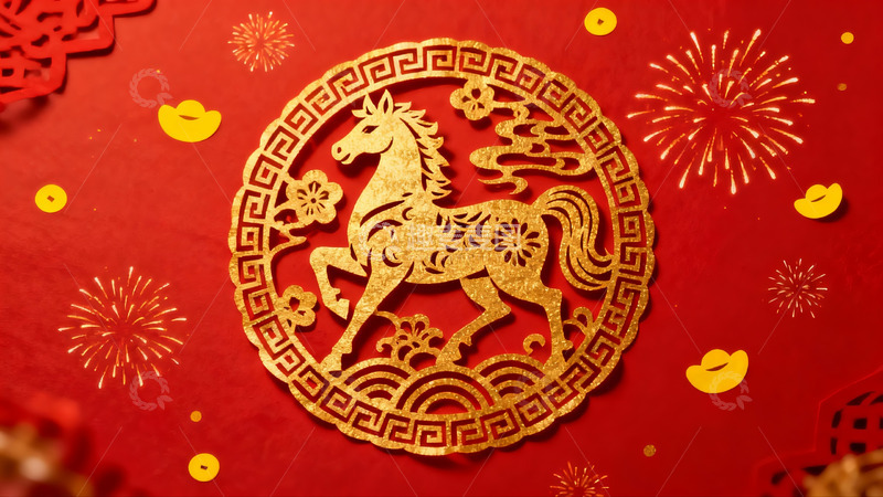高清大图下载【趣麦麦图】红色背景上的金色马年剪纸艺术