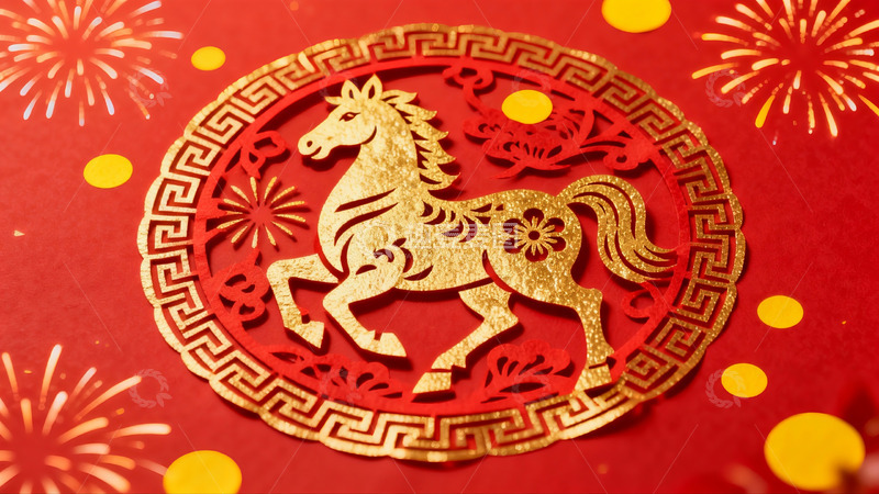 高清大图下载【趣麦麦图】红色背景上的金色马年剪纸艺术